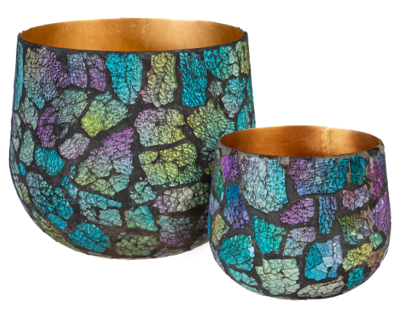 Mosaic Glass and Metal Planter Pair
