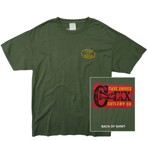 Case Knife T Shirt Moss Grn W/Case Logo Front Pocket & CK Knives Art Back